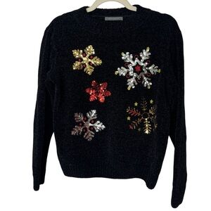 Suzy Shier Christmas Snowflake Sweater Black Soft Chenille Sequin Boxy Size M